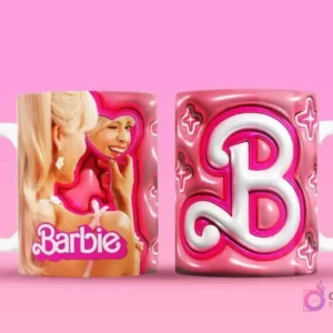 Taza sublimada con Barbie mirándose en un espejo de corazón, guiñando, y reverso con una 'B' grande en 3D