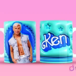 Taza sublimada con Ken en chaleco de jean en marco burbuja, y reverso con el logo 'Ken' en 3D