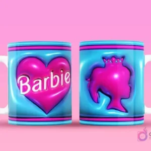 Taza sublimada con corazón rosa 3D y 'Barbie', y reverso con la silueta de perfil de Barbie con corona