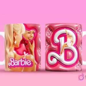 Taza sublimada con Barbie guiñando en espejo de corazón, y reverso con una 'B' gigante 3D con Barbie bailando