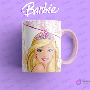 Taza sublimada con Barbie rubia usando una tiara brillante, sobre fondo lila con textura de Barbie.