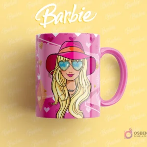 Taza sublimada con Barbie usando un sombrero rosa y gafas de sol en forma de corazón, fondo rosa y amarillo.