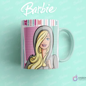 Taza sublimada con Barbie en un estilo casual, con una sudadera gris con capucha, sobre fondo turquesa.