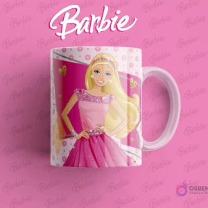 Taza sublimada con Barbie en un elegante vestido rosa brillante, con fondo de corazones y destellos dorados.