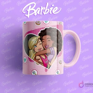 Taza sublimada con Barbie y su amiga abrazándose dentro de un corazón, rodeadas de pequeños elementos dulces.