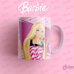 Taza sublimada con Barbie en un top a rayas rosadas y blancas, con gafas de sol en la mano, fondo geométrico vibrante.