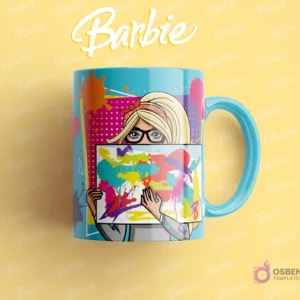 Taza sublimada con Barbie artista, con gafas y diadema, sosteniendo un lienzo con salpicaduras de pintura coloridas, fondo turquesa y amarillo.
