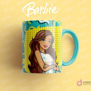 Taza sublimada con una amiga de Barbie de cabello castaño, con los brazos cruzados, estilo pop art, fondo turquesa y amarillo.