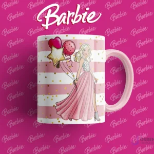 Taza sublimada con Barbie en una elegante falda larga rosa, sosteniendo globos de fiesta, fondo a rayas rosas y blancas con destellos dorados.