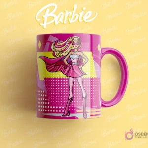 Taza sublimada con Barbie como una superheroína, con antifaz y capa rosa, en una pose de acción, fondo de luces y patrones geométricos.