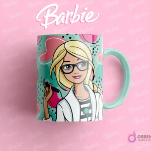 Taza sublimada con Barbie con gafas y bata blanca, sujetando un bolígrafo, representando una científica o doctora, fondo abstracto.