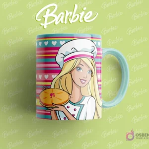 Taza sublimada con Barbie chef, con gorro blanco y uniforme, sosteniendo un pastel de manzana, fondo de corazones y rayas.