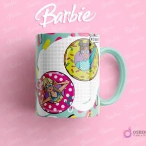 Taza sublimada con dos amigas de Barbie en flotadores (donut y flotador de piscina), en un estilo veraniego y divertido.