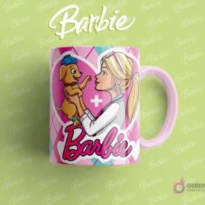 Taza sublimada con Barbie veterinaria, con una bata rosa, cuidando de un perrito con vendaje y rodeada de otros animales, fondo de corazones y huellas.