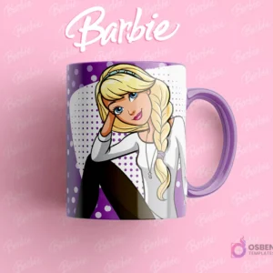 Taza con asa morada y diseño de Barbie rubia con trenza, apoyada y sonriendo, fondo morado con puntos de estilo cómic.