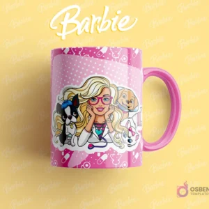 Taza sublimada con Barbie veterinaria, con gafas rosas, rodeada de un bulldog francés, un cachorro y un gato, fondo rosa con estetoscopios.