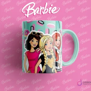 Taza sublimada con tres amigas de Barbie diversas, en un diseño moderno y vibrante con fondo turquesa y elementos geométricos.