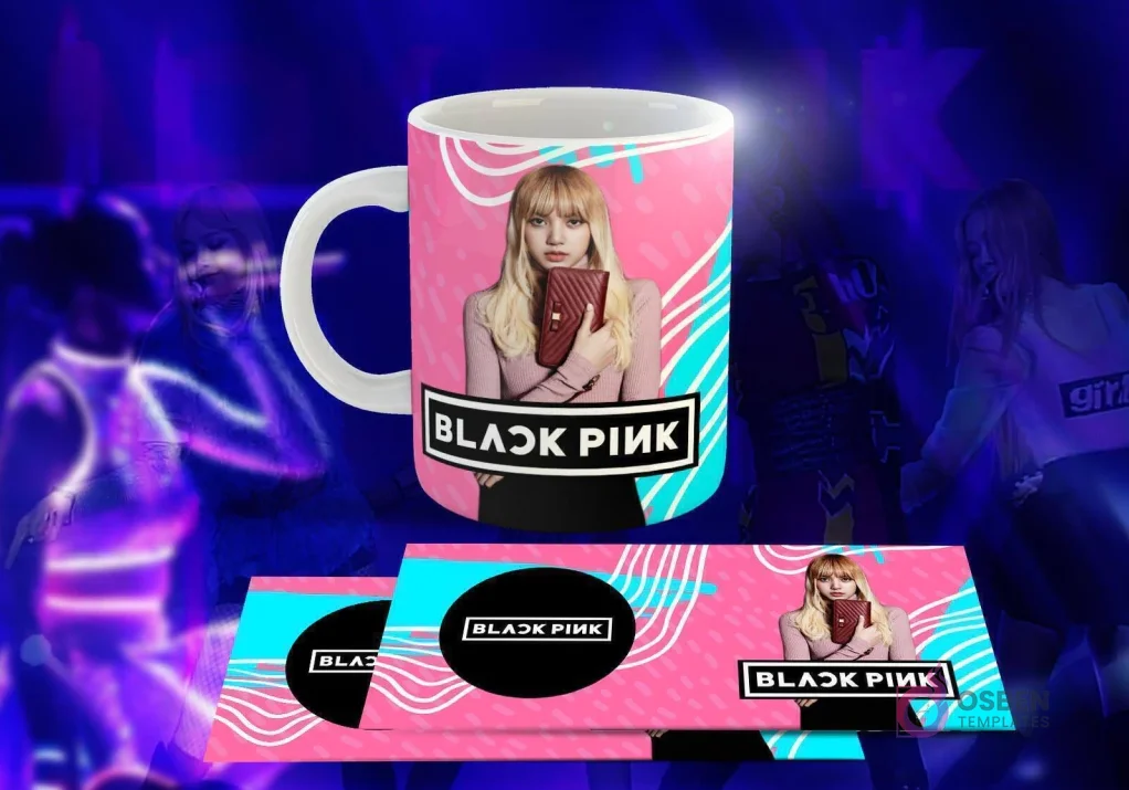 Taza blanca con diseño de Black Pink: Lisa con cartera roja, logo 'BLACK PINK' en círculo negro, fondo geométrico rosa y azul claro. Taza blanca con diseño de Black Pink: Lisa con cartera roja, logo 'BLACK PINK' en círculo negro, fondo geométrico rosa y azul claro.