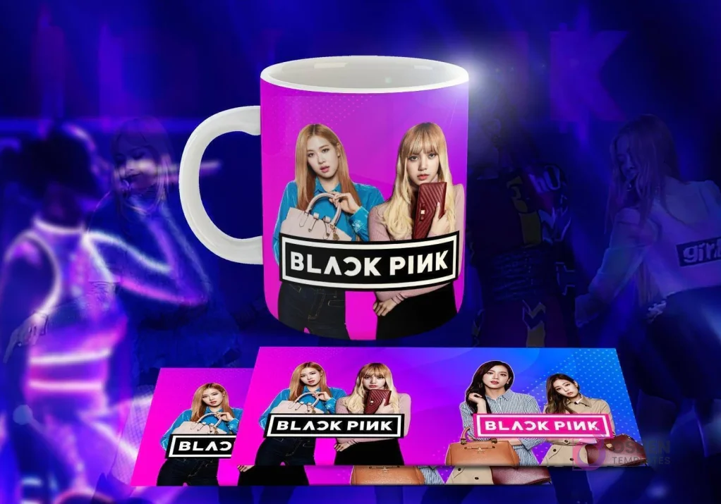 Taza blanca con diseño de Black Pink: Lisa y Rosé posando con bolsos, fondo degradado morado, logo 'BLACK PINK' al centro. Taza blanca con diseño de Black Pink: Lisa y Rosé posando con bolsos, fondo degradado morado, logo 'BLACK PINK' al centro.