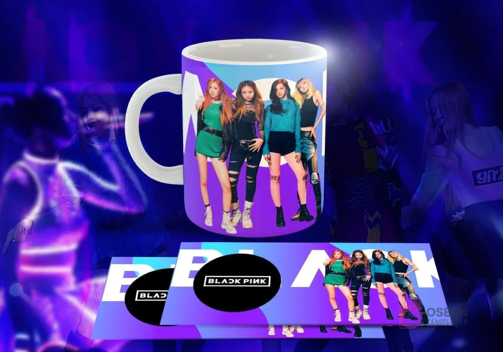 Taza blanca con diseño de Black Pink: Las cuatro miembros con atuendos verdes, negros y azules, logo 'BLACK PINK' en círculo negro, fondo degradado morado y azul. Taza blanca con diseño de Black Pink: Las cuatro miembros con atuendos verdes, negros y azules, logo 'BLACK PINK' en círculo negro, fondo degradado morado y azul.