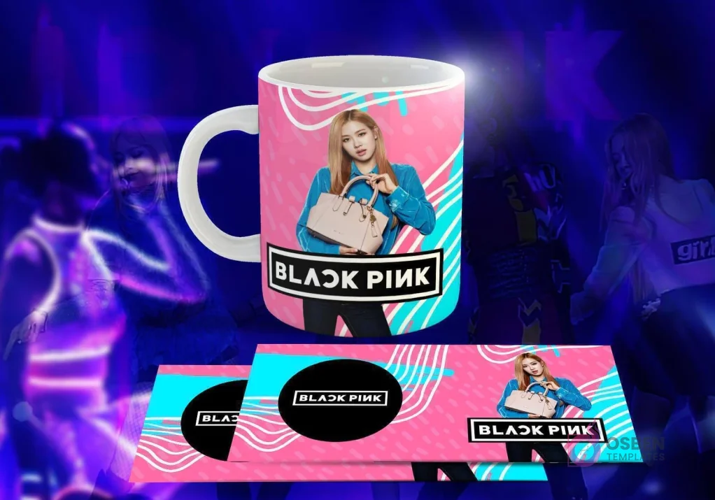 Taza blanca con diseño de Black Pink: Rosé con bolso azul, logo 'BLACK PINK' en círculo negro, fondo geométrico rosa y azul claro. Taza blanca con diseño de Black Pink: Rosé con bolso azul, logo 'BLACK PINK' en círculo negro, fondo geométrico rosa y azul claro.