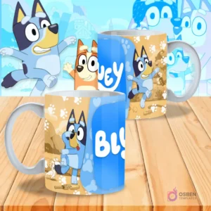 Dos tazas sublimadas con diseños de Bluey: una con Bluey bailando y el logo 'Bluey' en vertical, la otra con Bluey saltando sobre un fondo beige con huellas.