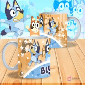 Dos tazas sublimadas de Bluey: una con Bluey y su familia en un paisaje de bosque con huellas de perro y el logo 'Bluey', la otra con Bluey y Bingo saltando.