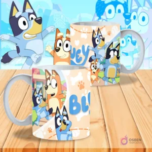 Dos tazas sublimadas con Bluey: una con la familia Heeler caminando y el logo 'Bluey' en fondo crema con huellas y líneas, la otra con Bluey jugando.