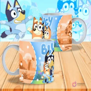 Dos tazas sublimadas de Bluey: una con la familia Heeler en un fondo dividido naranja y azul con formas geométricas, la otra con el logo 'Bluey'.