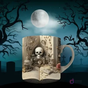 Taza de sublimación con diseño gótico de calavera central rodeada de objetos antiguos y ornamentos sobre un libro abierto. Fondo de luna llena y árboles sombríos.