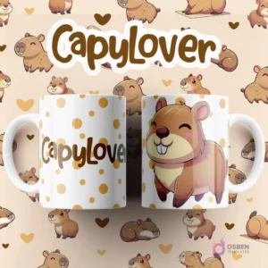 Par de tazas blancas sublimadas con diseño de capibara alegre sobre fondo de puntos amarillos y texto 'CapyLover'
