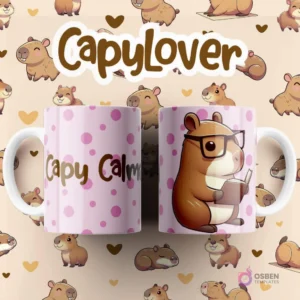 Par de tazas blancas sublimadas con diseño de capibara intelectual con gafas leyendo un libro sobre fondo de puntos rosas, texto 'Capy Calm'