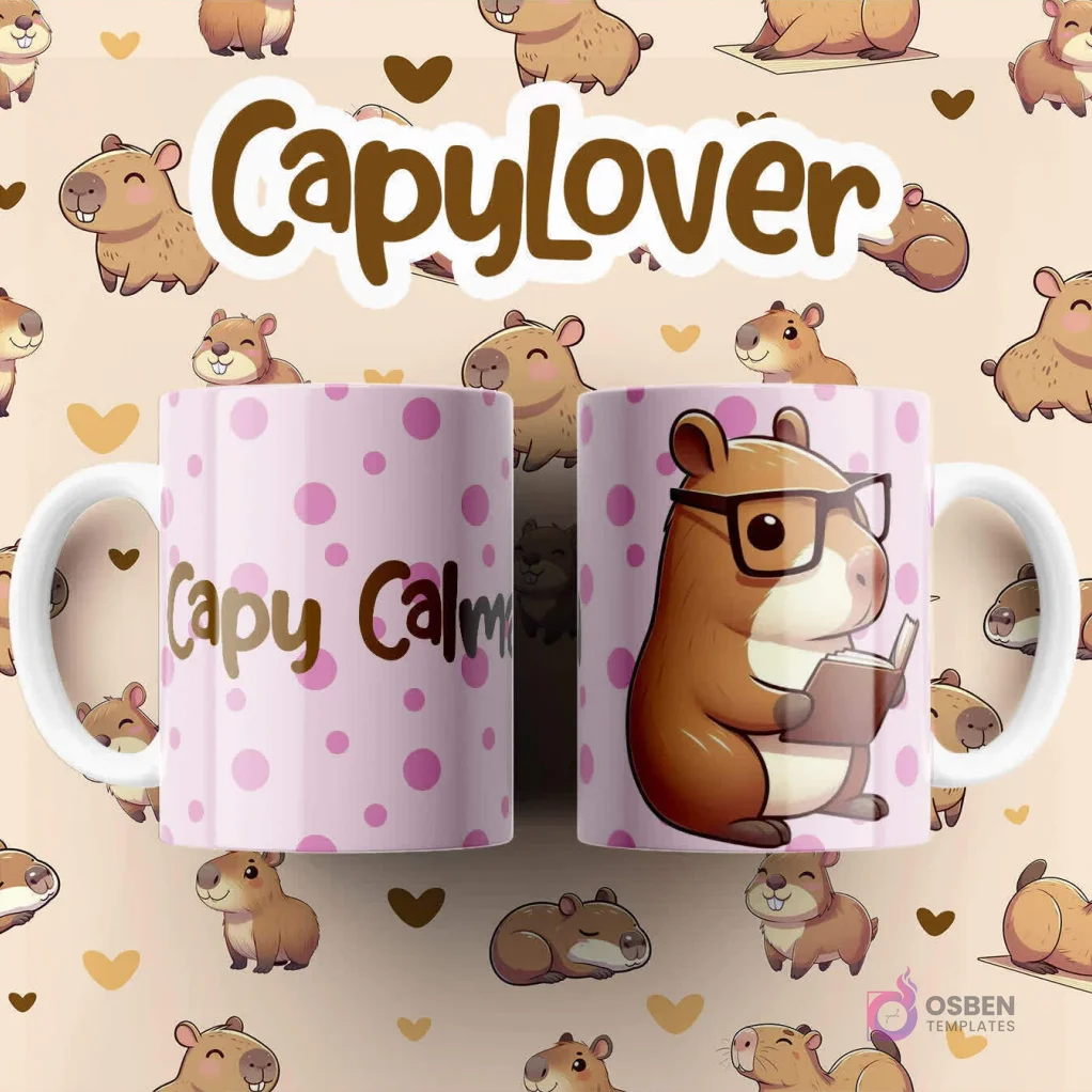 Par de tazas blancas sublimadas con diseño de capibara intelectual con gafas leyendo un libro sobre fondo de puntos rosas, texto 'Capy Calm' Par de tazas blancas sublimadas con diseño de capibara intelectual con gafas leyendo un libro sobre fondo de puntos rosas, texto 'Capy Calm'