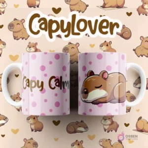 Par de tazas blancas sublimadas con diseño de capibara durmiendo tranquilamente sobre fondo de puntos rosas, texto 'Capy Calm'