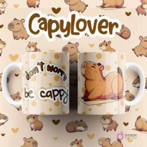 Par de tazas blancas sublimadas con diseño de capibara estirándose en posición de relax sobre una esterilla, texto 'don't worry be cappy'
