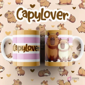 Par de tazas blancas sublimadas con diseño de dos capibaras tiernos y abrazados, texto 'CapyLover' y rayas rosas