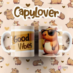 Par de tazas blancas sublimadas con diseño de capibara con gafas de sol y actitud cool, texto 'Good Vibes'