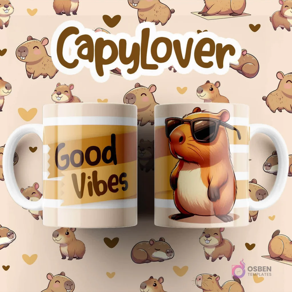 Par de tazas blancas sublimadas con diseño de capibara con gafas de sol y actitud cool, texto 'Good Vibes' Par de tazas blancas sublimadas con diseño de capibara con gafas de sol y actitud cool, texto 'Good Vibes'