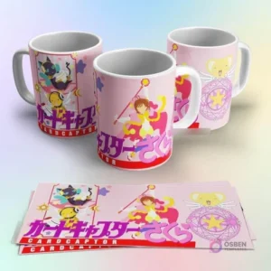 Tazas de sublimación con diseño de Cardcaptor Sakura en un vestido rosa y su báculo, con fondo de símbolos mágicos y el texto japonés de 'Cardcaptor Sakura'.