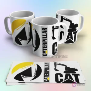Taza de sublimación Caterpillar con logo CAT amarillo y negro, y silueta de excavadora de construcción