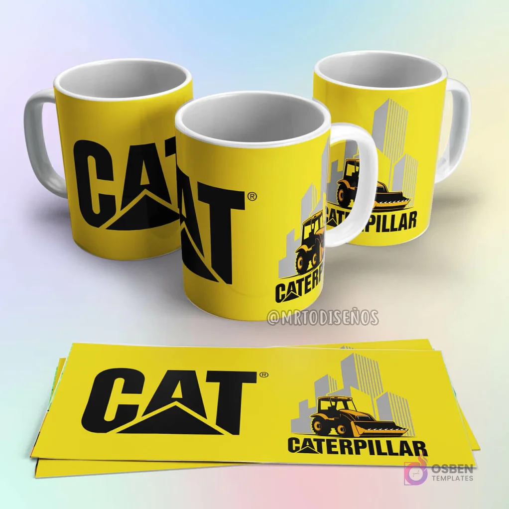 Taza de sublimación Caterpillar amarilla con logo CAT negro y maquinaria de construcción sobre silueta de edificios Taza de sublimación Caterpillar amarilla con logo CAT negro y maquinaria de construcción sobre silueta de edificios