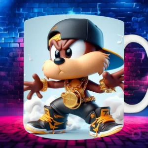 Plantilla de sublimación para taza con personaje Bart Simpson Chibi en estilo Hip Hop, con gorra negra, auriculares dorados y cadenas de oro, sobre fondo de pared de ladrillos neón.