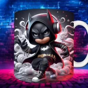 Plantilla de sublimación para taza con personaje Batman Chibi en estilo Hip Hop, con traje oscuro, auriculares y cadenas, sobre fondo de pared de ladrillos neón.