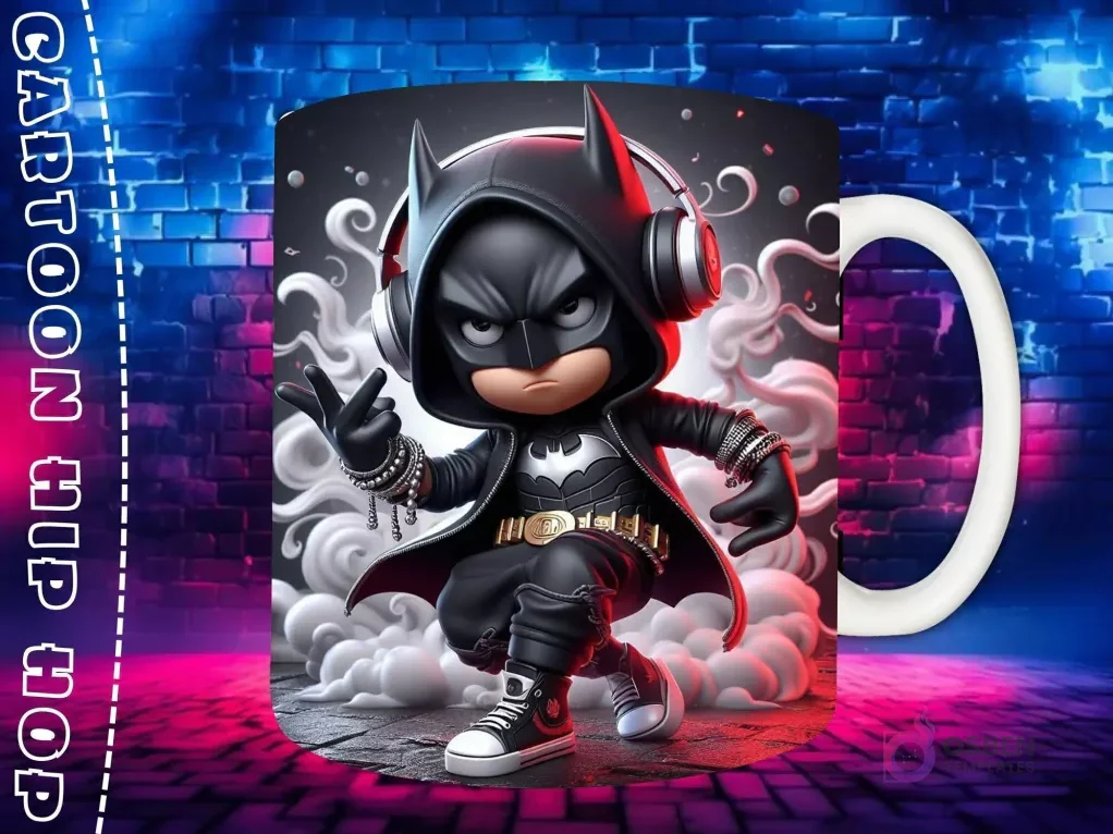Plantilla de sublimación para taza con personaje Batman Chibi en estilo Hip Hop, con traje oscuro, auriculares y cadenas, sobre fondo de pared de ladrillos neón. Plantilla de sublimación para taza con personaje Batman Chibi en estilo Hip Hop, con traje oscuro, auriculares y cadenas, sobre fondo de pared de ladrillos neón.