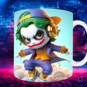 Plantilla de sublimación para taza con personaje Bugs Bunny Chibi en estilo Hip Hop, con gorra azul, auriculares dorados y cadenas de oro, sobre fondo de pared de ladrillos neón.