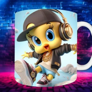 Plantilla de sublimación para taza con personaje Perro Chibi en estilo Hip Hop, con gorra, auriculares dorados, chaqueta azul y cadena, sobre fondo de pared de ladrillos neón.