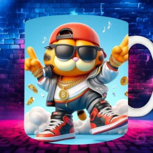 Plantilla de sublimación para taza con personaje Garfield Chibi en estilo Hip Hop, con gorra roja, gafas de sol y cadenas de oro, sobre fondo de pared de ladrillos neón.