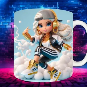 Plantilla de sublimación para taza con personaje Chibi femenino de cabello rubio, en estilo Hip Hop, con gorra hacia atrás, chaqueta blanca y zapatillas deportivas, sobre fondo de pared de ladrillos neón.