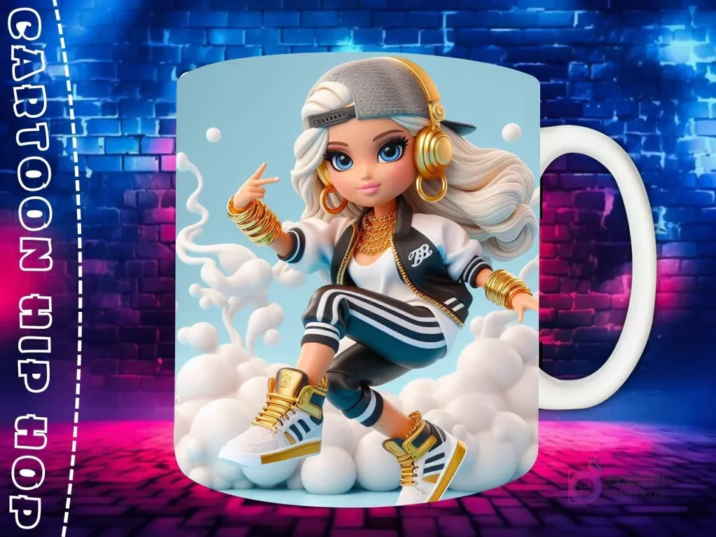 Plantilla de sublimación para taza con personaje Chibi femenino de cabello rubio, en estilo Hip Hop, con gorra hacia atrás, chaqueta blanca y zapatillas deportivas, sobre fondo de pared de ladrillos neón. Plantilla de sublimación para taza con personaje Chibi femenino de cabello rubio, en estilo Hip Hop, con gorra hacia atrás, chaqueta blanca y zapatillas deportivas, sobre fondo de pared de ladrillos neón.