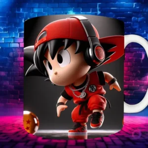 Plantilla de sublimación para taza con personaje Goku Chibi en estilo Hip Hop, con gorra roja y auriculares, sobre fondo de pared de ladrillos neón.